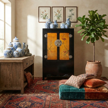 Chinese Black Orange Yellow Graphic Armoire Wardrobe Cabinet cs5775S