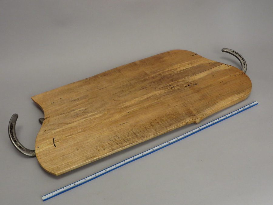 #15049 Hand-Carved Serving Tray. Reclaimed Maple & Horseshoe Handles