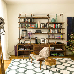 Bos Reclaimed Chestnut Stained Scaffolding Board, Dark Steel Pipe Shelving Unit - Display & Wall Shelves