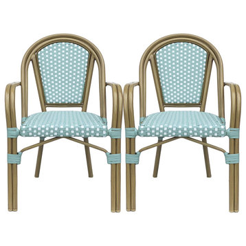 Symonds Outdoor French Bistro Chairs (Set of 2), Light Teal/White/Khaki