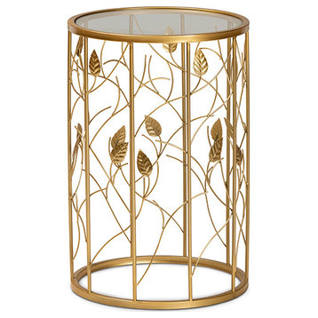 Tomiko Modern Glam Brushed Gold Finish Metal and Glass Leaf Accent End Table