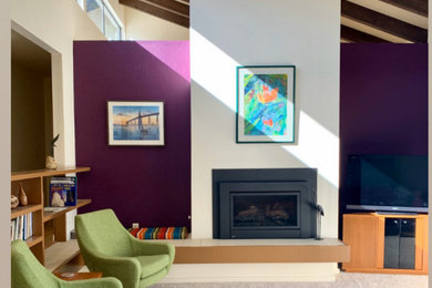 Example of a mid-sized trendy open concept carpeted and beige floor living room design in Other with purple walls