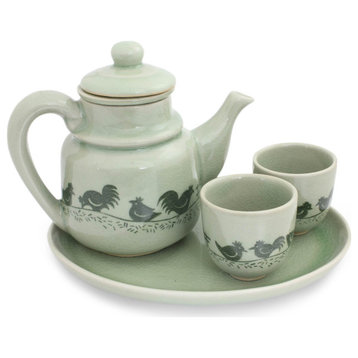 NOVICA Cute Chicks And Celadon Ceramic Tea Set