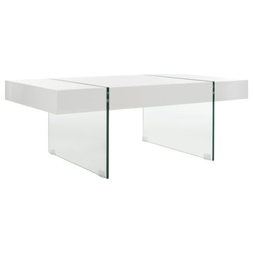 Modern Coffee Table, Unique Design With Glass Legs & Rectangular Top, White
