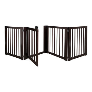 Wood Freestanding Pet Gate With Small Door 66 Inch Transitional
