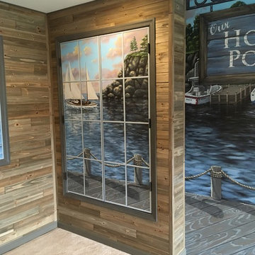 New England Harbor Town Mural, hand painted throughout a lower level