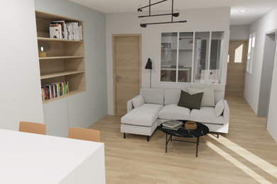 Idées déco pour un petit salon blanc et bois scandinave ouvert avec une bibliothèque ou un coin lecture, un mur blanc, parquet clair, aucune cheminée et aucun téléviseur.