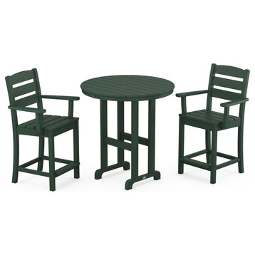 POLYWOOD Lakeside 3-Piece Round Farmhouse Arm Chair Counter Set, Green