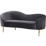 Meridian Furniture - Ritz Velvet Upholstered Loveseat, Grey - Get comfy while remaining chic in this elegant Ritz grey velvet loveseat. Plush grey-colored upholstery provides a soft texture that is pleasing to the senses, while its curved design offers a contemporary touch to your home furnishing. Gold metal legs complement the loveseat's sophisticated grey color, creating a gallant piece anyone would be proud to display in their home.