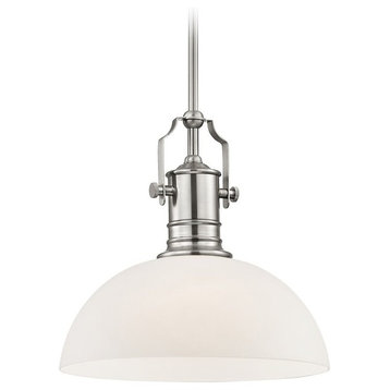 Industrial Satin Nickel Pendant Light with White Glass 13-Inch Wide