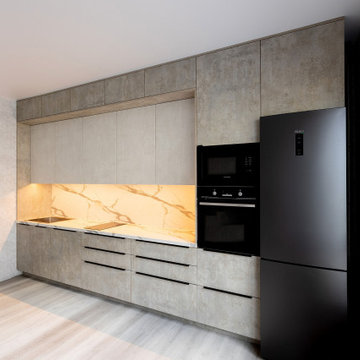 Широкая светлая кухня в современном лофт стиле с фасадами под камень