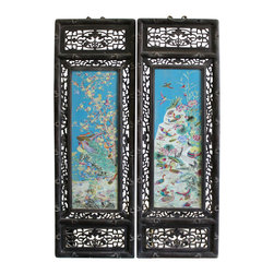 Pair Carved Chinese Huali Turquoise Blue Porcelain Scenery Wall Panels - Wall Accents