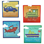 Giftcraft - Transportation Canvas Prints, Car, Train, Plane, Boat, 4 Piece Set - These colorful transportation prints make a delightful way to decorate a child's room and help you little one learn the names of four modes of travel.  Each canvas print measures 12" by12" and hangs by the frame on the back of the print.  Each has a cute saying including, the Car - "I'm a Car, Vroom Vroom", the Train - "I'm a Train, Choo Choo", the Plane - "I'm a Plane, Zooooom", and the Boat - "I'm a Boat, Toot Toot".  These also make a unique baby gift for your loved one or close friend.