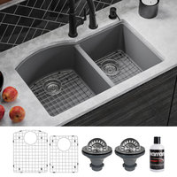Karran Undermount Quartz 32" 60/40 Double Bowl Kitchen Sink Kit, Grey
