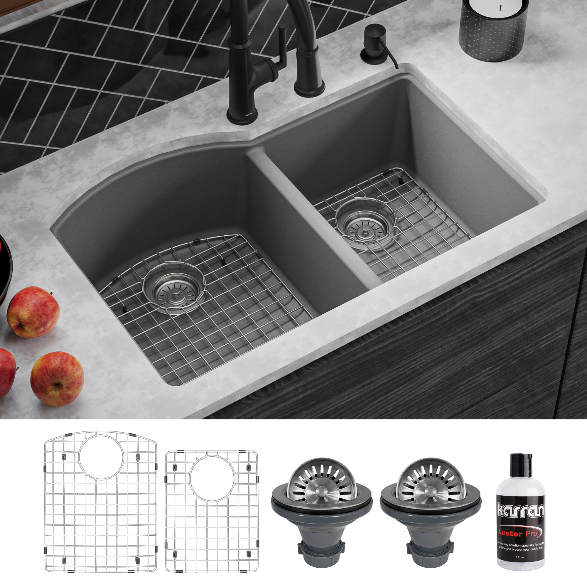 Karran Undermount Quartz 32" 60/40 Double Bowl Kitchen Sink Kit, Grey