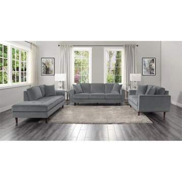 Pemberly Row 36.5" Modern Velvet Chaise with 2 Pillows in Gray