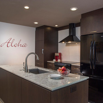 Open concept with working island kitchen, dark cabinets with red accents