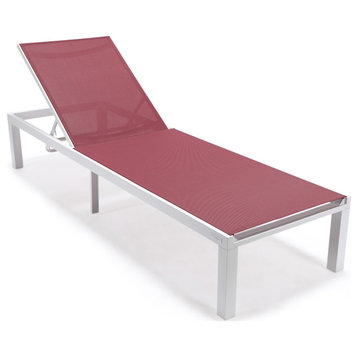 LeisureMod Marlin Patio Chaise Lounge Chair With White Frame, Burgundy