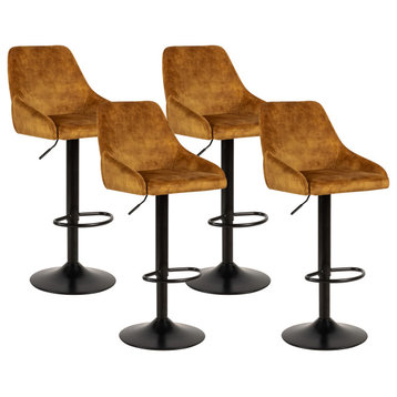 Velvet Adjustable Bar Stool Brown Upholstered Bar Chair Dining Room Set of 4