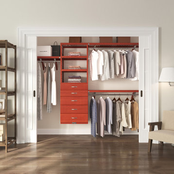 Solid Wood Walk-In Closet Organizer with 5-Drawers, Red Mahogany