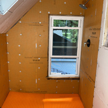 Subway and stone bathroom