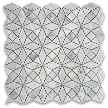 Carrara Marble Kaleidoscope Pattern Diamond Mix Mosaic Tile Polished, 1 sheet