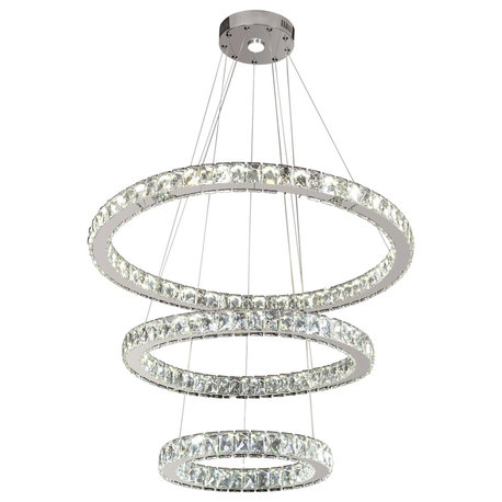 Triple Round Ring LED Clear Crystal Light Fixture, Chrome Frame