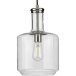 Progress Lighting - Latrobe Collection Brushed Nickel 1-Light Pendant - Introduce a pop of personality into your home with this pendant. A round ceiling plate coated in a brushed nickel finish anchors the pendant in place as the light source hangs below. A bottle-inspired clear glass shade adds a twist to a simple industrial style that brings this light fixture's vintage charm to the forefront of your home's lighting design.