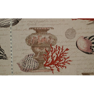 Seashell Coral Fabric Antique Documentary Toile, Red, Standard Cut