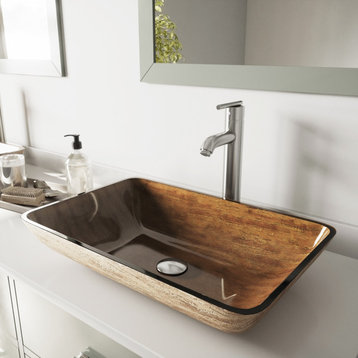 VIGO Rectangular Glass Vessel Sink and Faucet Set, Amber Sunset