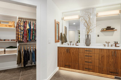 Huge trendy master white tile and ceramic tile porcelain tile, gray floor and double-sink bathroom photo in Portland with flat-panel cabinets, brown cabinets, a bidet, white walls, an undermount sink, quartz countertops, a hinged shower door, white countertops and a built-in vanity