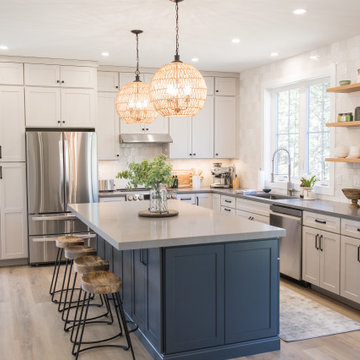 Dove Gray Kitchen Perimeter with Baltic Blue Kitchen Island.
