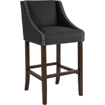 30" High Walnut Barstool With Accent Nail Trim, Black Fabric