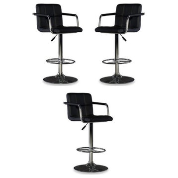 Home Square Quilted Back Metal Swivel Bar Stool in Chrome and Black - Set of 3