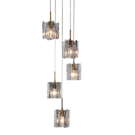 LNC Tucana Polished Gold Matte Black Modern Pendant Light, Textured Glass, 5 Light