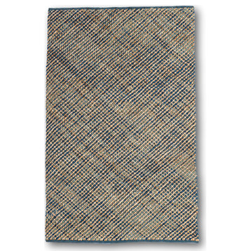 Handmade Jute & Cotton Abstract Rug by Tufty Home, Natural / Blue, 2.5x9