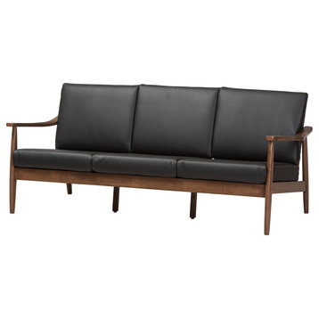 Venza Mid-Century Modern Walnut Wood Black Faux Leather 3-Seater Sofa