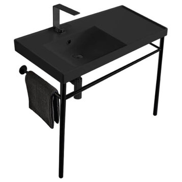 Matte Black Ceramic Console Sink and Matte Black Stand, One Hole