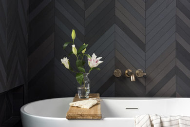 Inspiration for a transitional freestanding bathtub remodel in Houston