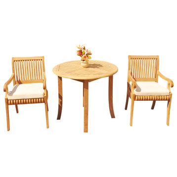 3-Piece Outdoor Patio Teak Patio Dining Set: 36" Round Table, 2 Giva Arm Chairs
