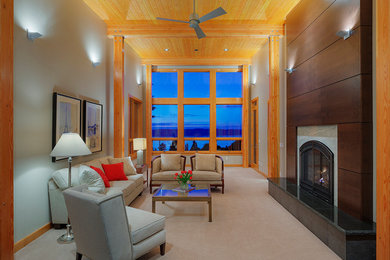 Inspiration for a large contemporary formal and open concept carpeted and beige floor living room remodel in Other with beige walls, a wood stove, a wood fireplace surround and no tv