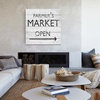 "Market Is Open" Painting Print on White Wood, 18"x18"