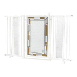 Fusion Gates - Fusion Gate with Bauhaus Border Design, White Pearl, 60"-65" - Dog Gates