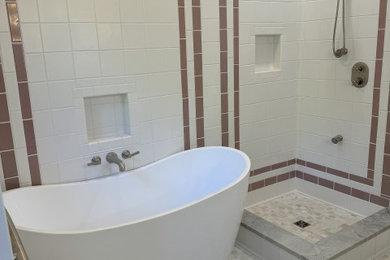 Inspiration for a large french country master ceramic tile bathroom remodel in Seattle with a one-piece toilet and quartzite countertops