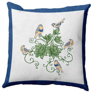 Birds And Flowers Decorative Throw Pillow, Nautical Navy, 18"x18"