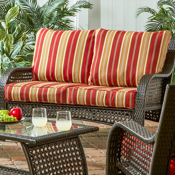 Wicker Woven Lounge Set with Gold and Red Stripe Cushions