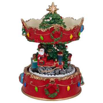 6" Red and Gold Musical Santa on Train Christmas Carousel Music Box