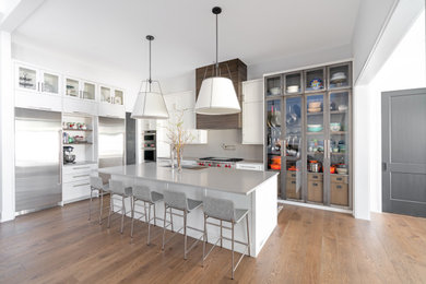 Eat-in kitchen - large transitional medium tone wood floor and brown floor eat-in kitchen idea in Nashville with an undermount sink, white cabinets, gray backsplash, stainless steel appliances, an island and gray countertops
