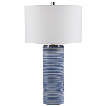 Elegant Indigo White Striped Table Lamp Denim Blue Coastal Cylinder