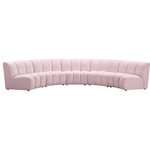 Meridian Furniture - Infinity Channel Tufted Velvet Modular Chair, Pink, 5 Piece - Create a seating group that works for every possible situation with this Infinity modular 5-piece sectional and other pieces in the Infinity collection. Upholstered in soft pink velvet material that feels great against the skin and offers long-wearing beauty, this piece fits with other Infinity items for an infinite number of combinations that get your seating requirements just right but that look just as nice when used on their own.